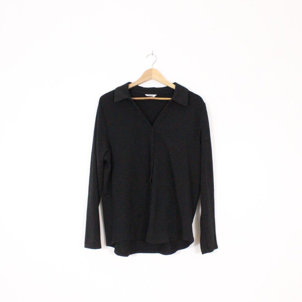 Penningtons Black Terry Ribbed Collared Button Up Long Sleeve
